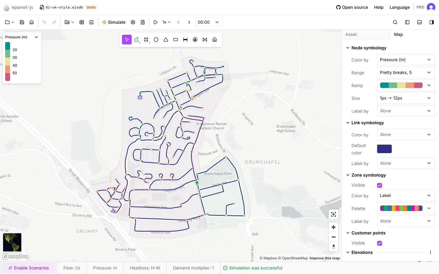 Drumchapel with its junctions colored by pressure
