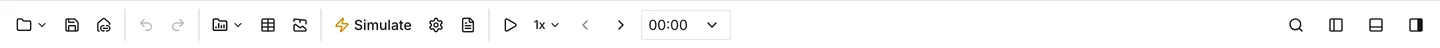 The toolbar after a run, with the time browser between Simulate and the panel toggles