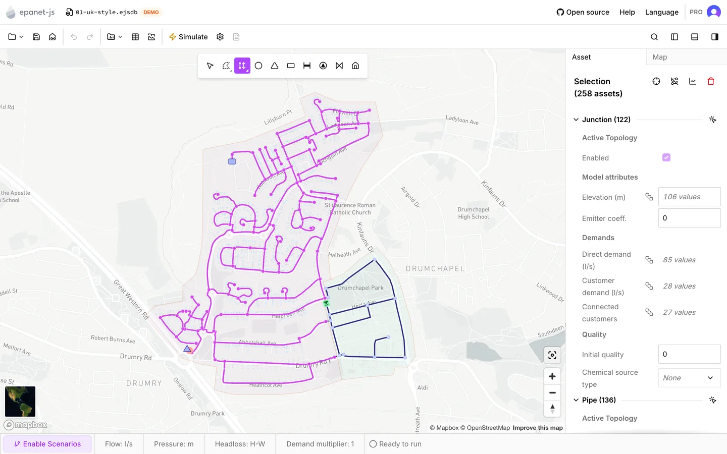 A boundary trace from one junction, with everything it reached selected on the map