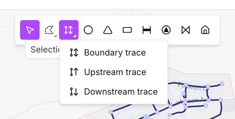 The Selection trace button with its three modes listed