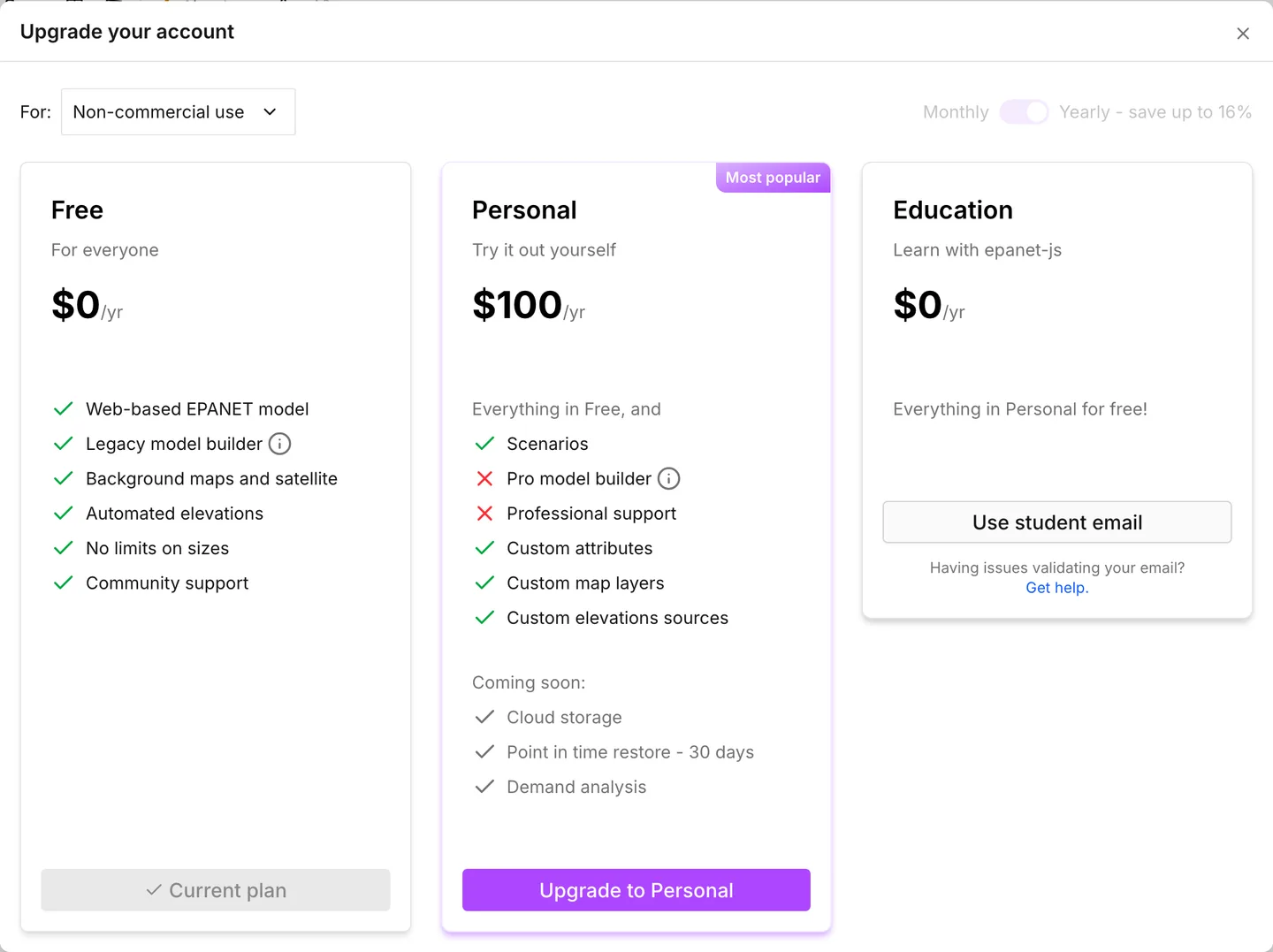 The Upgrade your account dialog on its non-commercial side, with the Education card