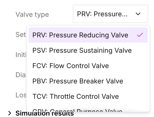 The Valve type list open, showing all seven types