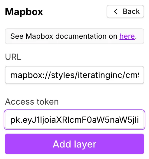 The Mapbox layer form, with its style URL and access token