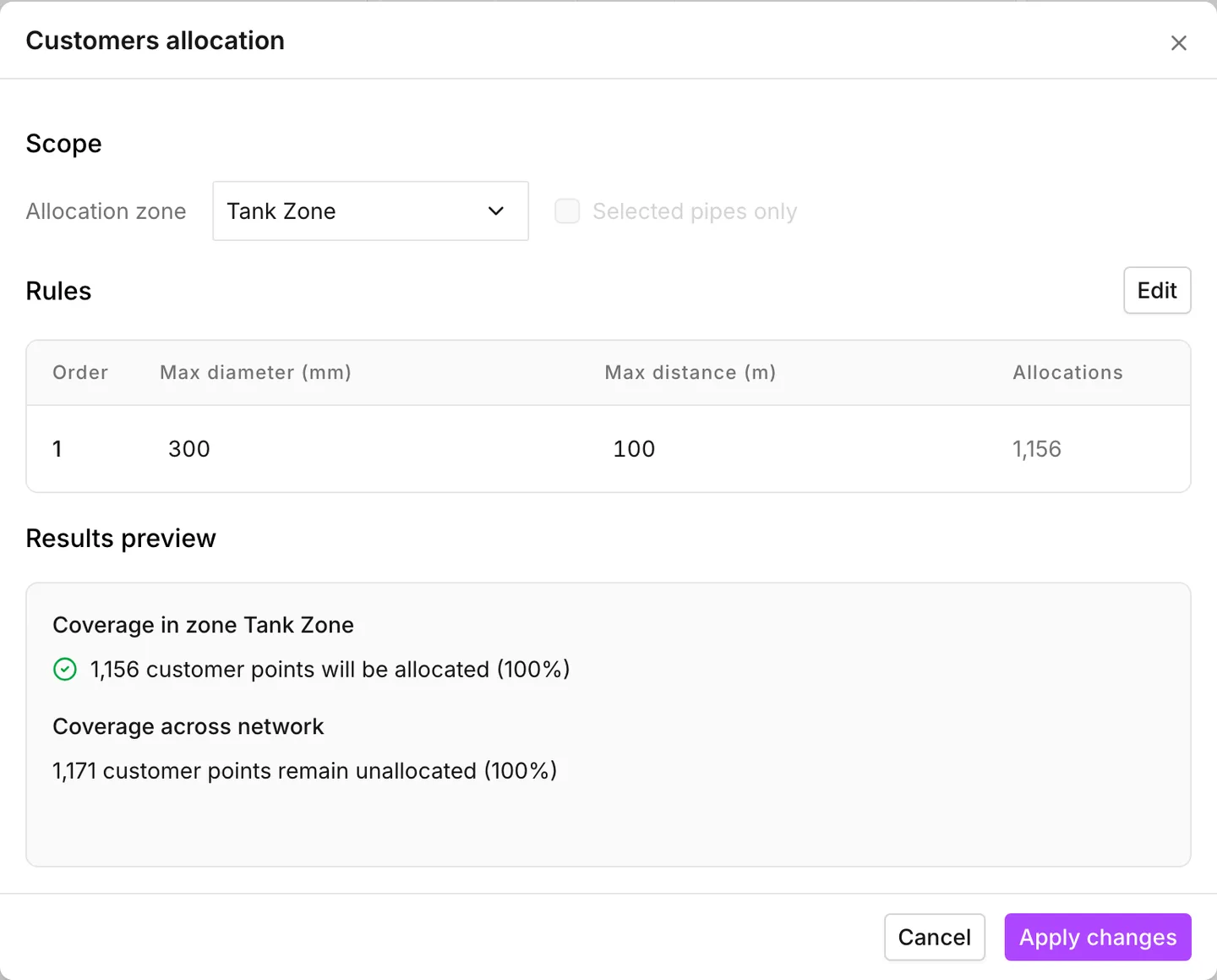 The allocation dialog with its scope confined to one zone